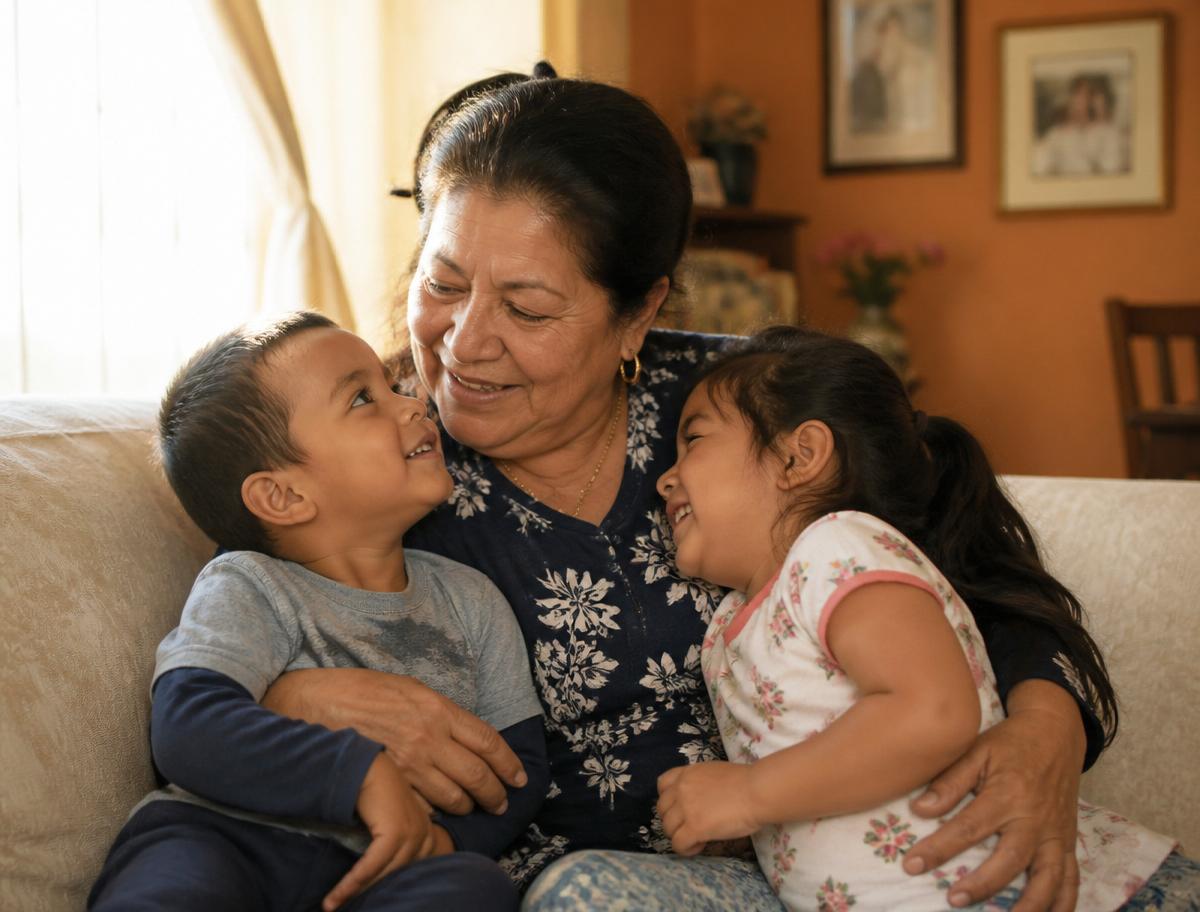 Grandmother hugging her two young grandchildren