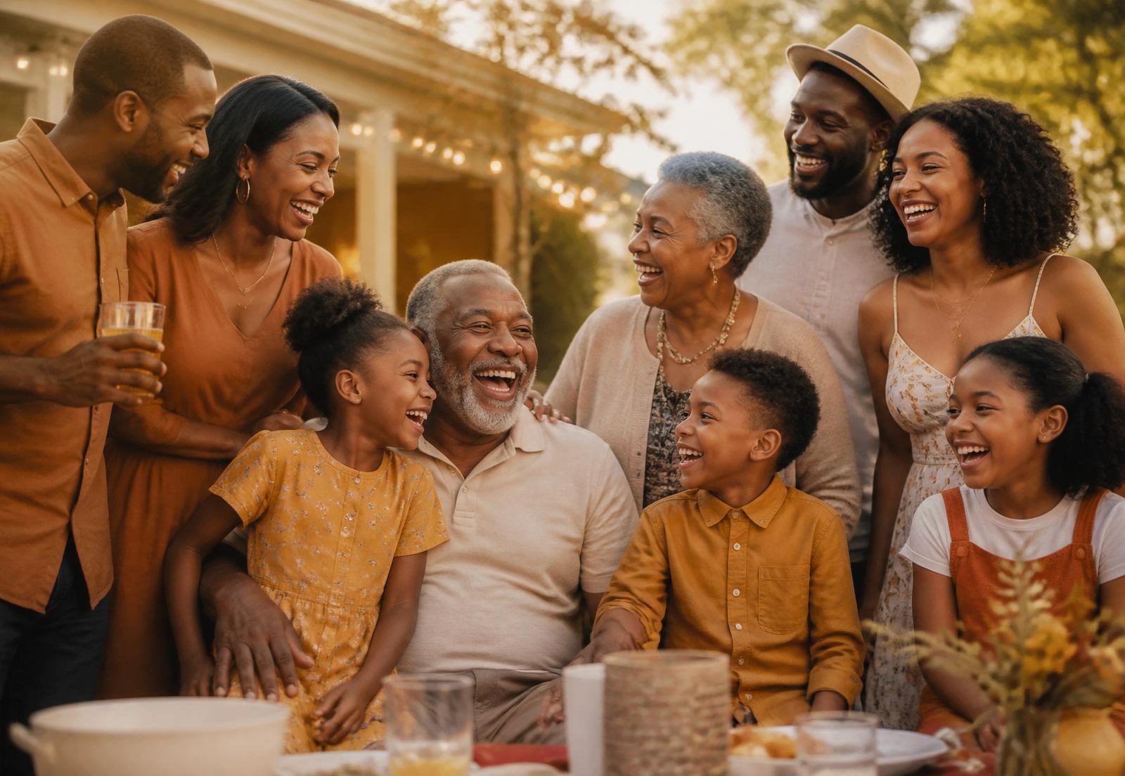 Multigenerational family laughing together at a backyard reunion