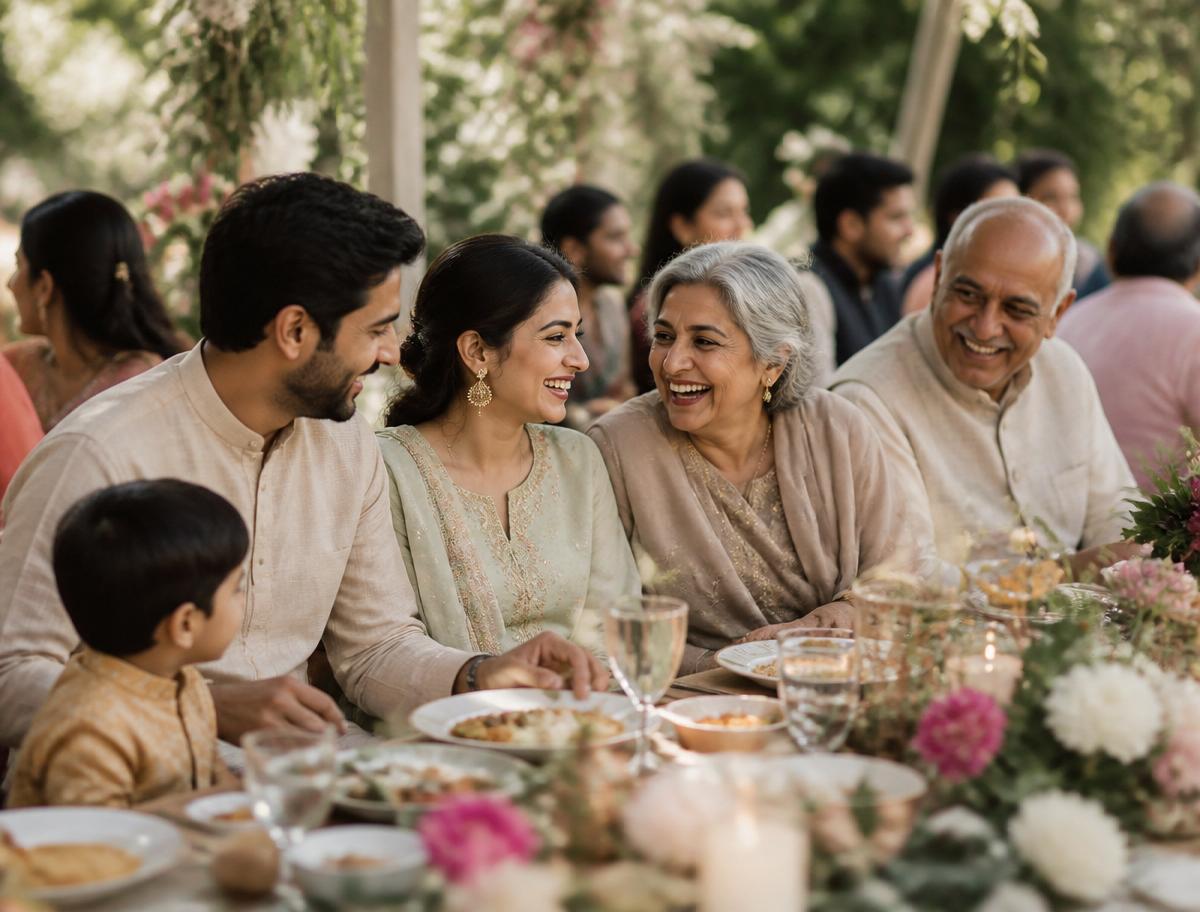 Three generations sharing a meal at an outdoor family gathering