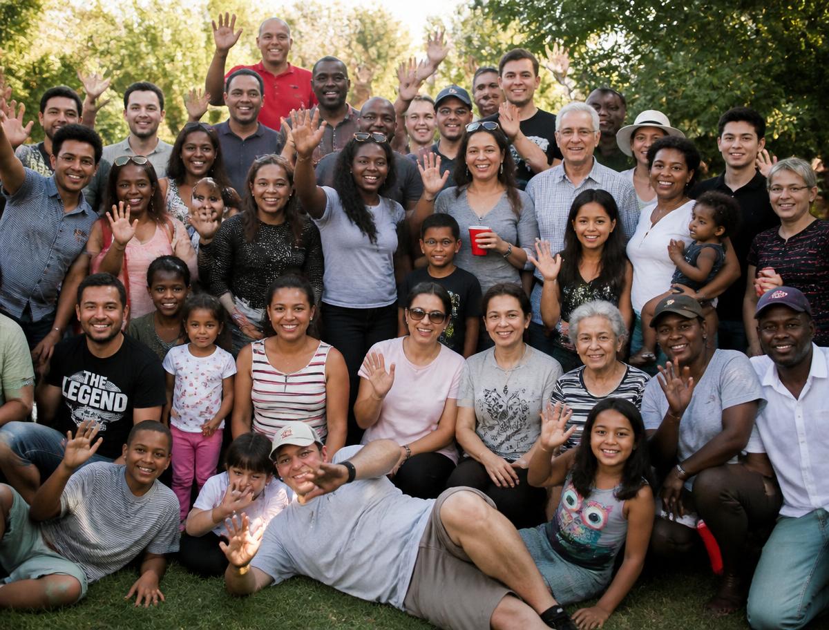 A large diverse extended family gathered together outdoors